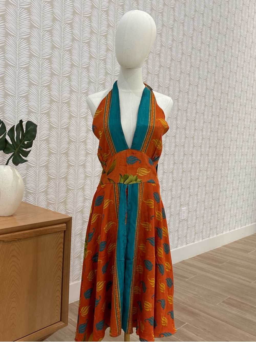 Sleeveless Halter Midi Dress in Burnt Orange with Teal Panel